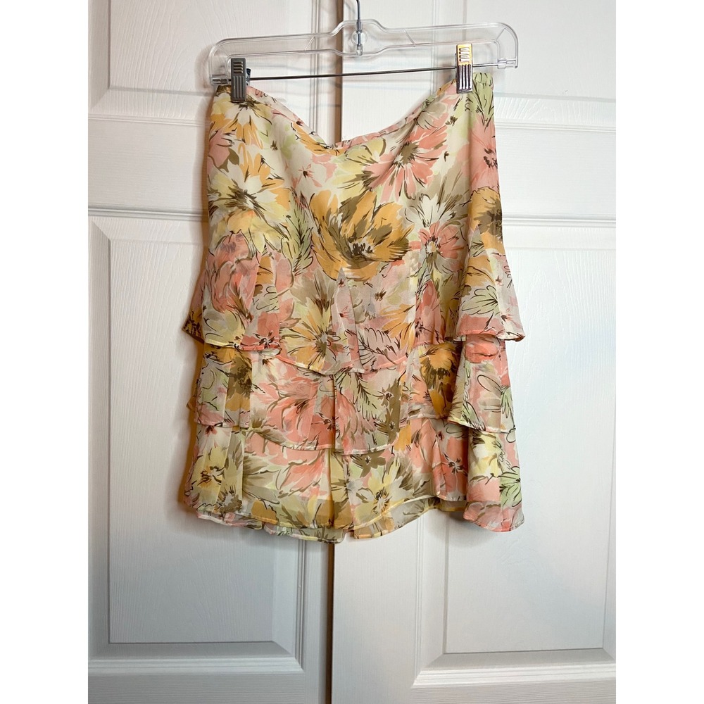 Ann Taylor LOFT 100% Silk Floral Tiered Ruffle Mini Skirt Peach Yellow Size 4